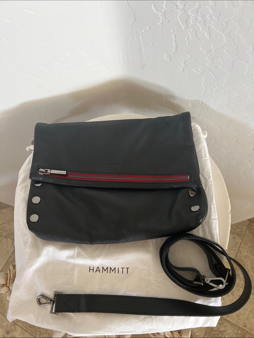 Hammitt Large VIP Black Leather Fold-Over Messenger with Red Zip Accent